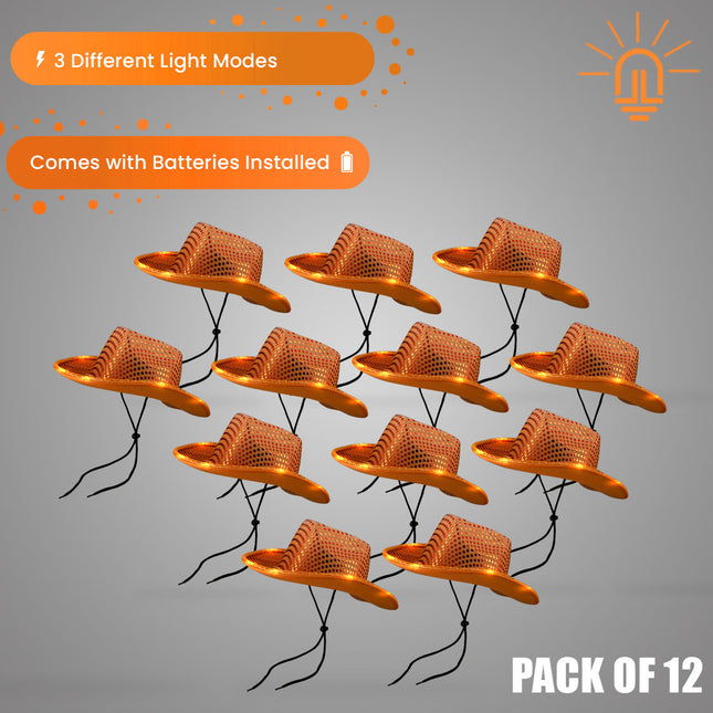 LED Light Up Flashing Sequin Cowboy Hats Orange - 12 Hats