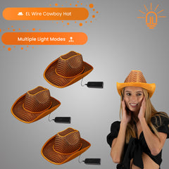 LED Flashing Orange EL Wire Sequin Cowboy Party Hat - Pack of 3 Hats