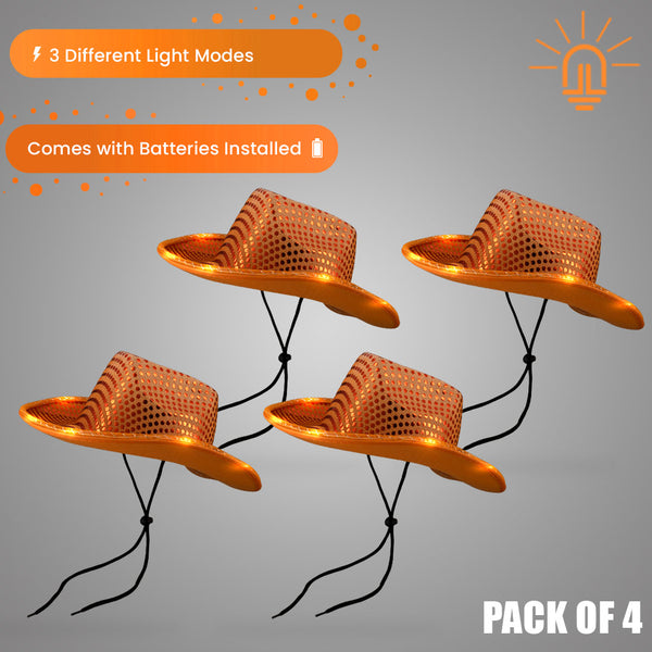 LED Light Up Flashing Sequin Orange Cowboy Hat - Pack of 4 Hats