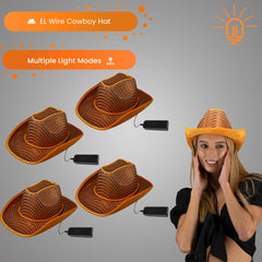 LED Flashing Orange EL Wire Sequin Cowboy Party Hat - Pack of 4 Hats