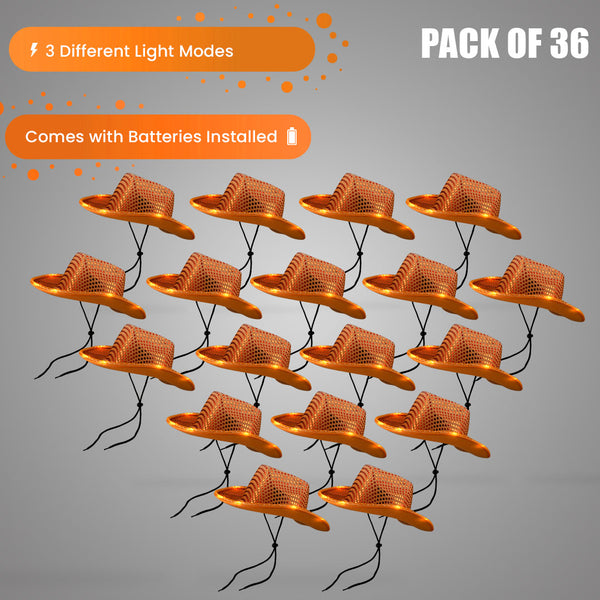 LED Light Up Flashing Sequin Orange Cowboy Hat - Pack of 36 Hats