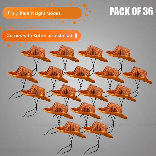 LED Light Up Flashing Sequin Orange Cowboy Hat - Pack of 36 Hats