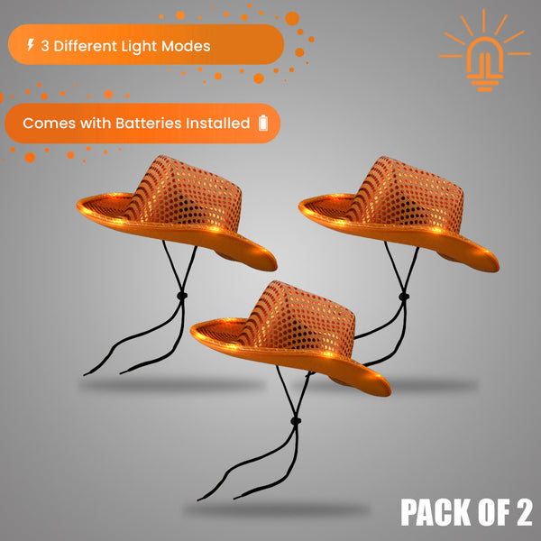 LED Light Up Flashing Sequin Orange Cowboy Hat - Pack of 3 Hats