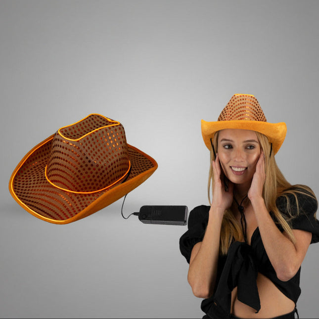 LED Flashing Orange EL Wire Sequin Cowboy Party Hat | PartyGlowz