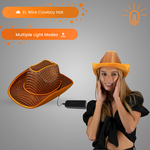 LED Flashing Orange EL Wire Sequin Cowboy Party Hat
