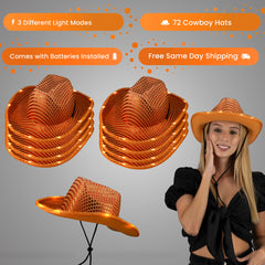 LED Light Up Flashing Sequin Orange Cowboy Hat - Pack of 72 Hats