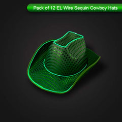 LED Flashing Neon Green EL Wire Sequin Cowboy Party Hat - Pack of 12
