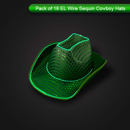 LED Flashing Green EL Wire Sequin Cowboy Party Hat - Pack of 18 Hats