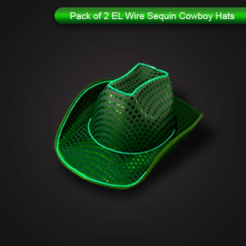 LED Flashing Green EL Wire Sequin Cowboy Party Hat - Pack of 2 Hats