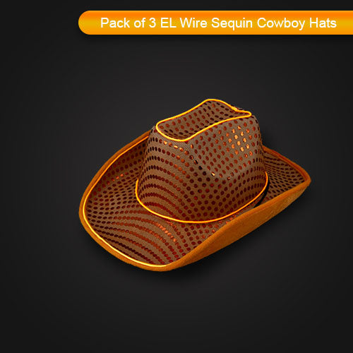 LED Flashing Orange EL Wire Sequin Cowboy Party Hat - Pack of 3 Hats