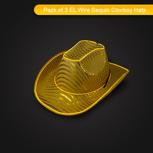 LED Flashing Gold EL Wire Sequin Cowboy Party Hat - Pack of 3 Hats