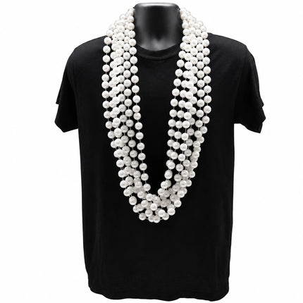 Pearl-white beaded necklaces displayed on a black mannequin; 48-inch necklaces sold in a pack of 12.