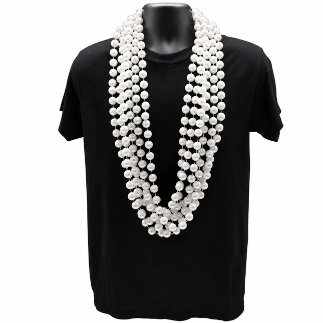 Pearl-white beaded necklaces displayed on a black mannequin; 48-inch necklaces sold in a pack of 12.
