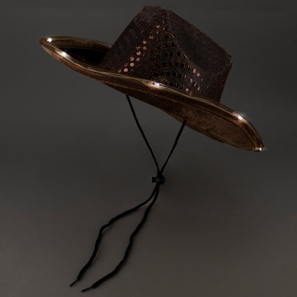 Personalized LED Light Up Flashing Brown Sequin Cowboy Hat - Pack of 20 Custom Hats