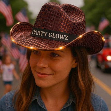 Personalized LED Light Up Flashing Brown Sequin Cowboy Hat - Pack of 20 Custom Hats