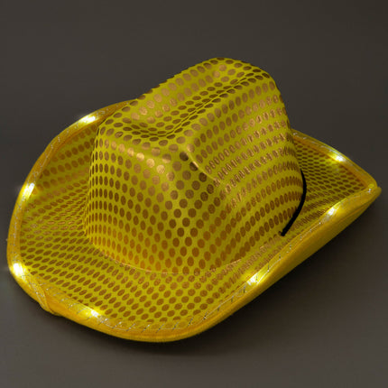 Personalized LED Light Up Flashing Gold Sequin Cowboy Hat - Pack of 20 Custom Hats