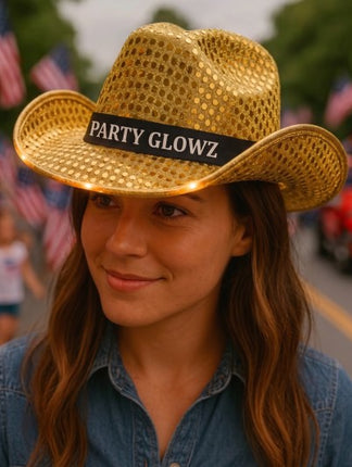 Personalized LED Light Up Flashing Gold Sequin Cowboy Hat - Pack of 20 Custom Hats