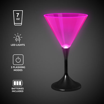 LED Neon Pink 7 Oz Martini Glass With Black Stem