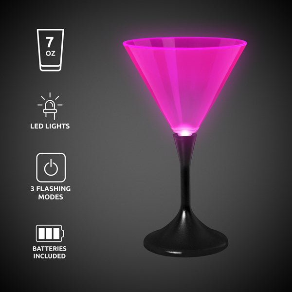 LED Neon Pink 7 Oz Martini Glass With Black Stem