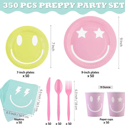 Preppy Smiley Face Party Tableware Set - 350 Pieces for 50 Guests