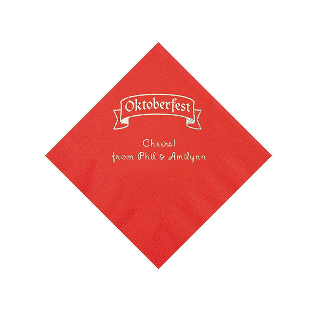 Red Personalized Oktoberfest Beverage Napkins With Silver Foil - 50 Per Pack
