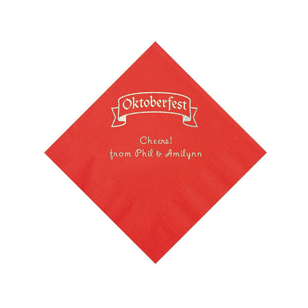 Red Personalized Oktoberfest Beverage Napkins With Silver Foil - 50 Per Pack