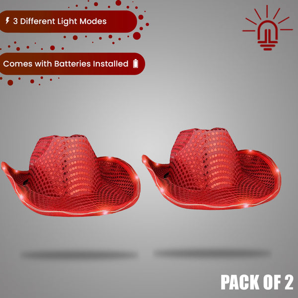 LED Flashing Red Cowboy Hat With Sequins Pack of 2