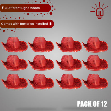 LED Light Up Flashing Sequin Red Cowboy Hats - Pack of 12