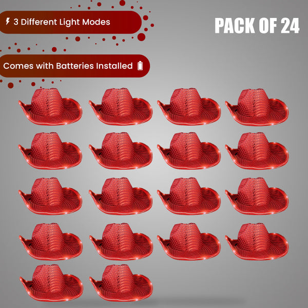 LED Light Up Flashing Sequin Red Cowboy Hat - Pack of 24 Hats
