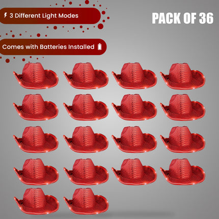 LED Light Up Flashing Sequin Red Cowboy Hat - Pack of 36 Hats