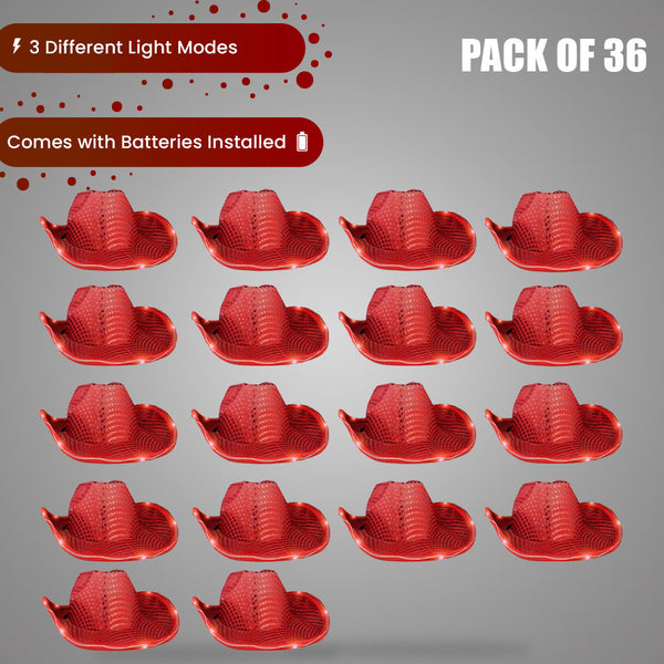 LED Light Up Flashing Sequin Red Cowboy Hat - Pack of 36 Hats