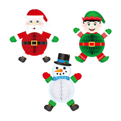 Santa, Elf, Snowman Hanging Decorations - 3 Per Pack