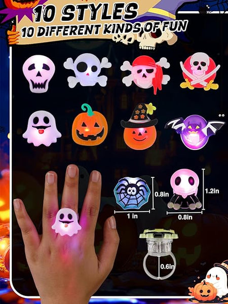 Spooky Halloween LED Rings - 100 Assorted Shapes & Colors Per Pack