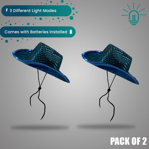 LED Light Up Flashing Sequin Teal Cowboy Hat - Pack of 2 Hats