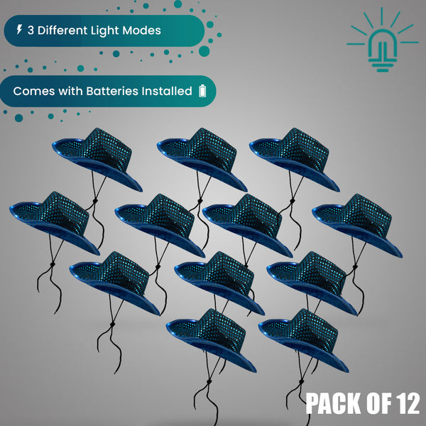LED Light Up Flashing Sequin Teal Cowboy Hat - Pack of 12 Hats