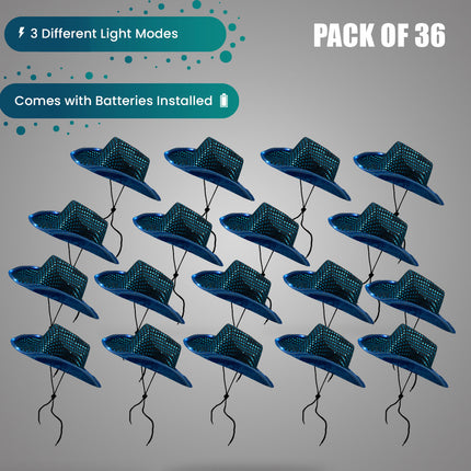 LED Light Up Flashing Sequin Teal Cowboy Hat - Pack of 36 Hats