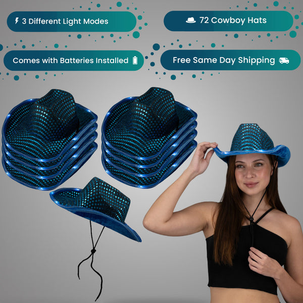 LED Light Up Flashing Sequin Teal Cowboy Hat - Pack of 72 Hats
