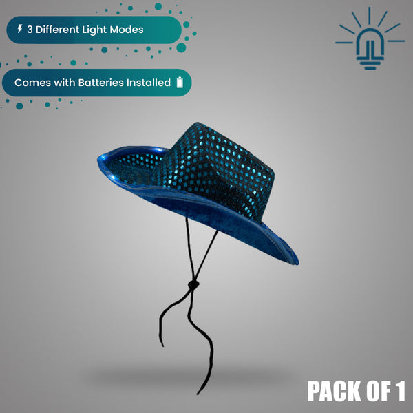 LED Light Up Flashing Teal Cowboy Hat With Sequins