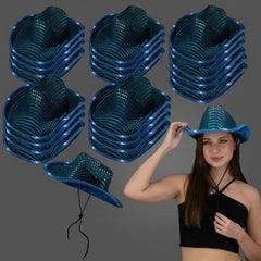 LED Light Up Flashing Sequin Teal Cowboy Hat - Pack of 24 Hats