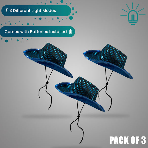 LED Light Up Flashing Sequin Teal Cowboy Hat - Pack of 3 Hats