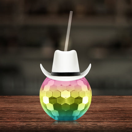 White Cowboy Hat Rainbow Disco Ball Cup with Straw
