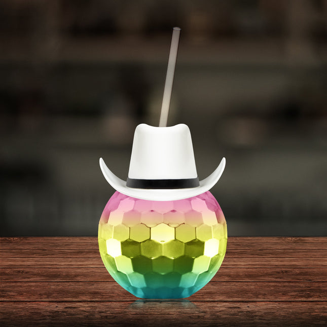 White Cowboy Hat Rainbow Disco Ball Cup with Straw
