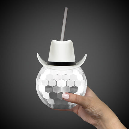 White Cowboy Hat Silver Disco Ball Cup with Straw
