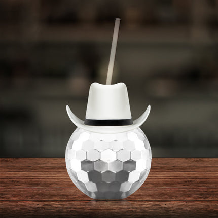 White Cowboy Hat Silver Disco Ball Cup with Straw
