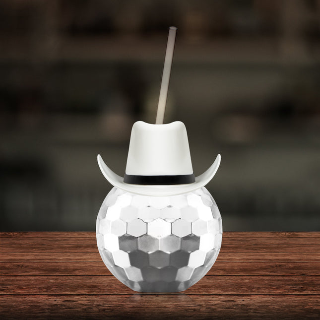 White Cowboy Hat Silver Disco Ball Cup with Straw
