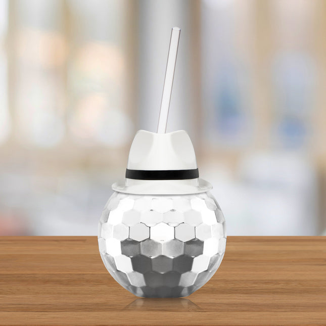 White Fedora Hat Silver Disco Ball Cup with Straw
