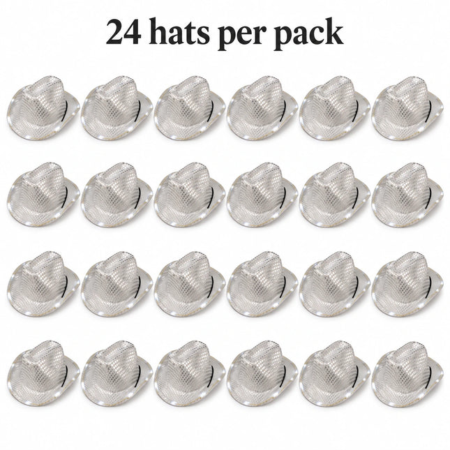 24 white sequin LED cowboy hats arranged to show the pack contents.
