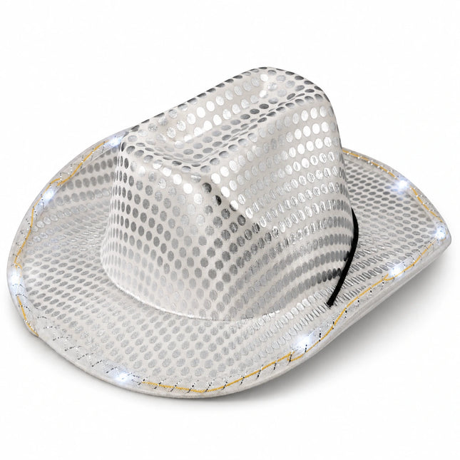 White sequin LED cowboy hat shown individually; sold in a pack of 24.