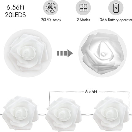 6.6ft Battery Operated 20 LED White Rose Flower String Lights