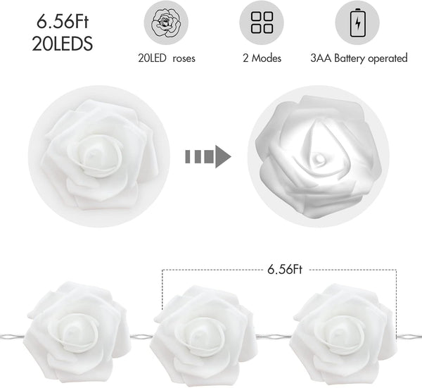 6.6ft Battery Operated 20 LED White Rose Flower String Lights